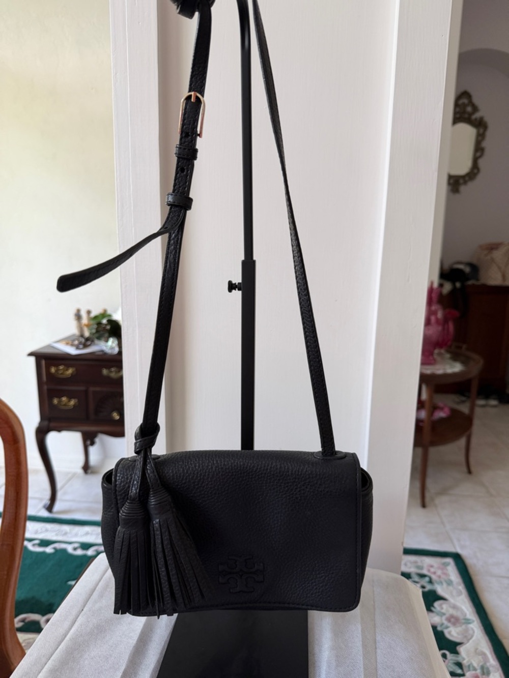 Tory Burch Thea Black Pebbled Leather Crossbody with Double Tassel Detail